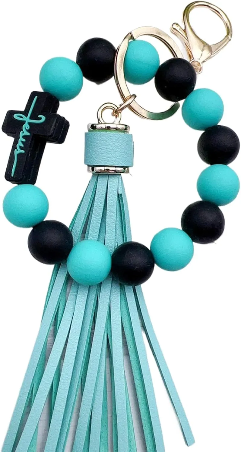 Beaded Keychain Wristlet Silicone Cross Elastic Wrist Key Ring Tassel Bangle Key Chains for Car Key Bracelet Women