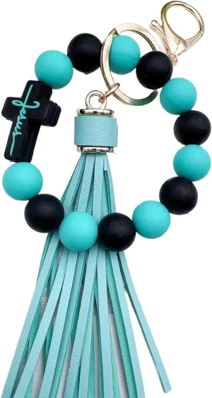 Beaded Keychain Wristlet Silicone Cross Elastic Wrist Key Ring Tassel Bangle Key Chains for Car Key Bracelet Women