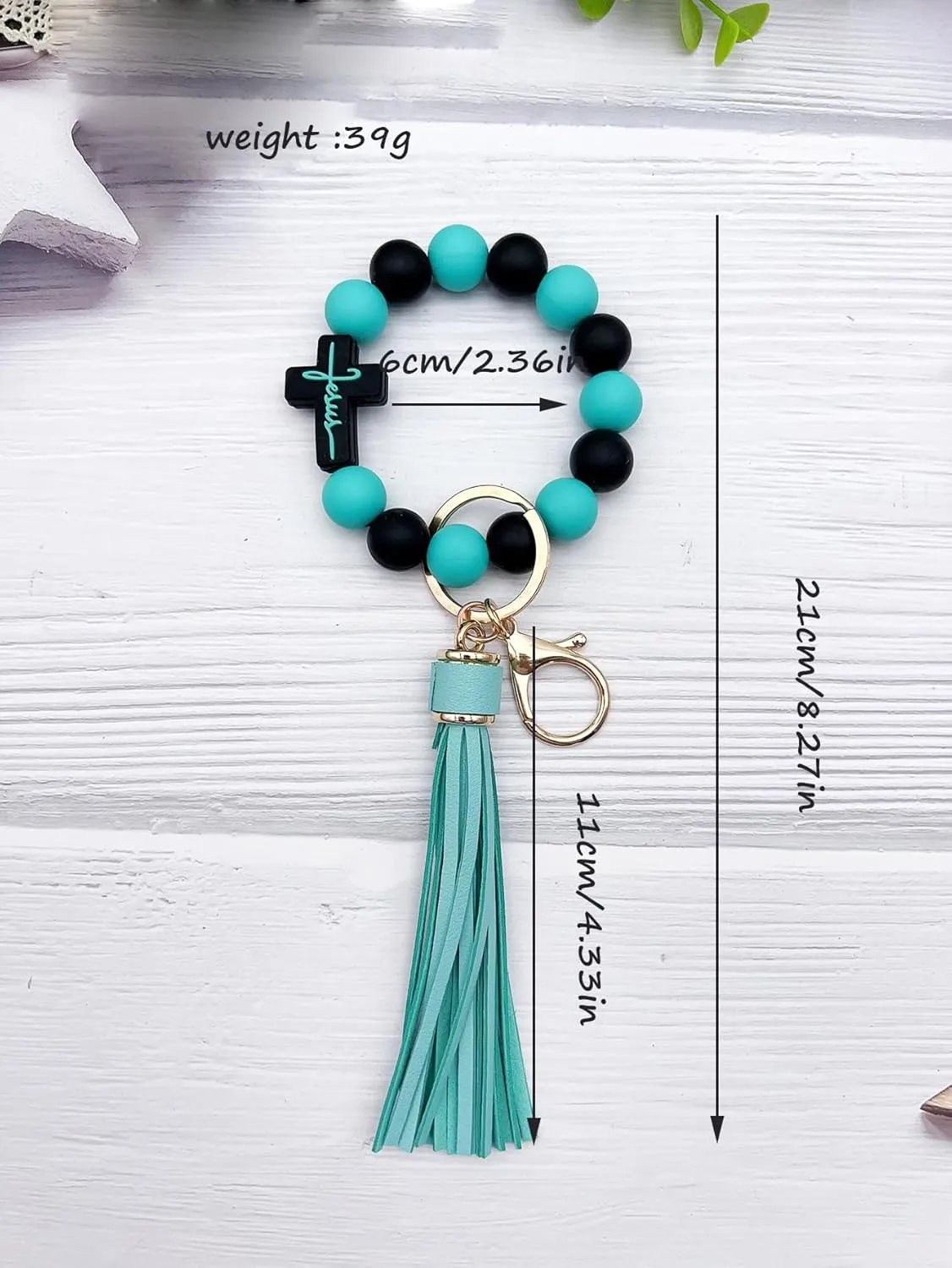 Beaded Keychain Wristlet Silicone Cross Elastic Wrist Key Ring Tassel Bangle Key Chains for Car Key Bracelet Women