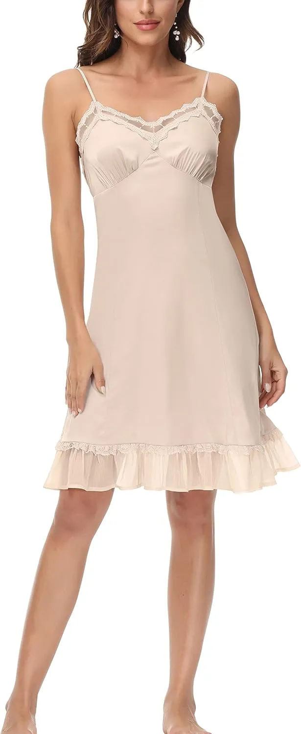 Belle Poque Womens full Slip Dresses Satin Chemise Nightgown Adjustable Spaghetti Strap Slip Dress