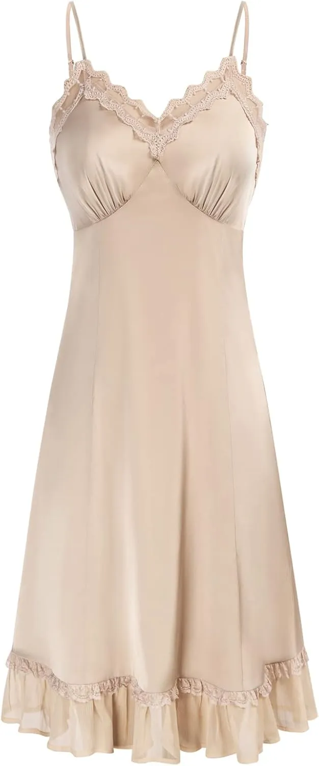 Belle Poque Womens full Slip Dresses Satin Chemise Nightgown Adjustable Spaghetti Strap Slip Dress