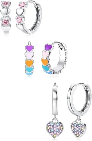 BESTEEL 3 Pairs Hypoallergenic Hoop Earrings for Women Small Silver Huggie Hoops Cute Sleeper Heart Flower Hoop Earrings Cartilage Dangle Set for Sensitive Ears