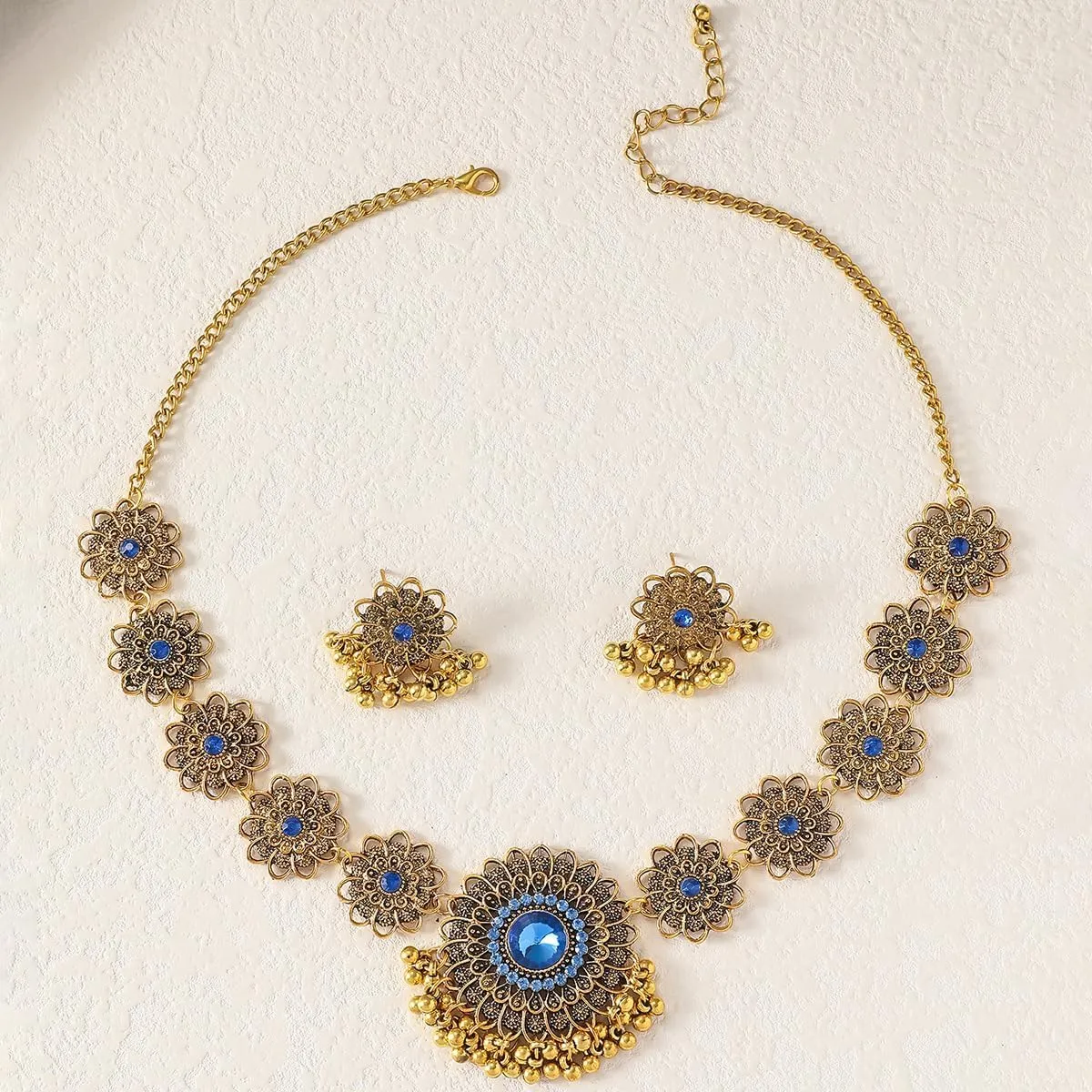 Bethynas Indian Jewelry Set for Women Boho Gold Crystal Flower Choker Necklace Retro Dangle Drop Earrings Traditional Bridal Wedding Belly Dance Accessories Set