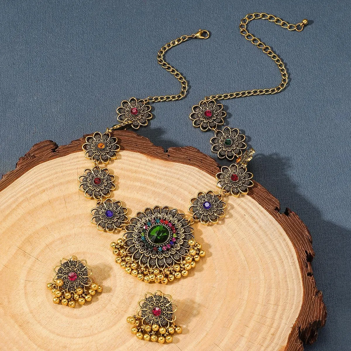 Bethynas Indian Jewelry Set for Women Boho Gold Crystal Flower Choker Necklace Retro Dangle Drop Earrings Traditional Bridal Wedding Belly Dance Accessories Set