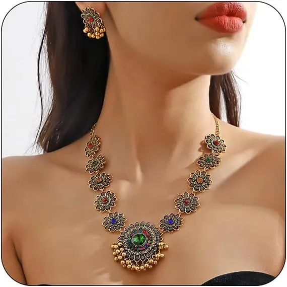 Bethynas Indian Jewelry Set for Women Boho Gold Crystal Flower Choker Necklace Retro Dangle Drop Earrings Traditional Bridal Wedding Belly Dance Accessories Set