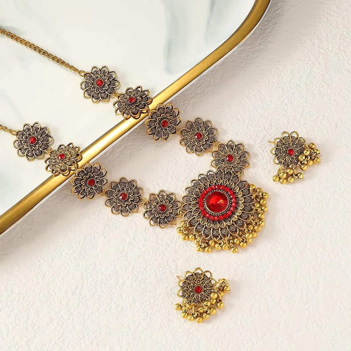Bethynas Indian Jewelry Set for Women Boho Gold Crystal Flower Choker Necklace Retro Dangle Drop Earrings Traditional Bridal Wedding Belly Dance Accessories Set
