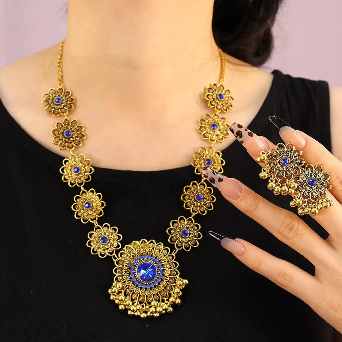 Bethynas Indian Jewelry Set for Women Boho Gold Crystal Flower Choker Necklace Retro Dangle Drop Earrings Traditional Bridal Wedding Belly Dance Accessories Set