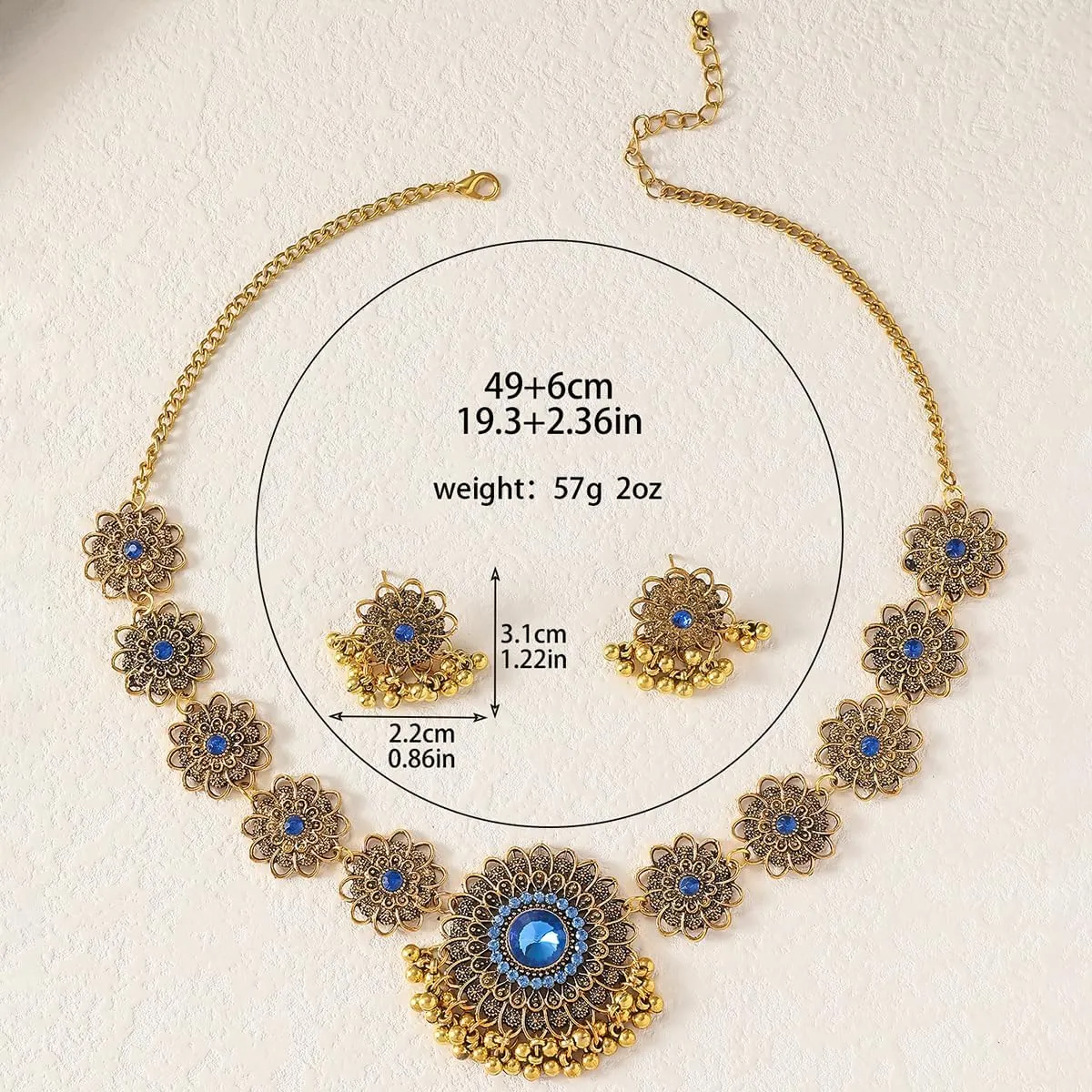 Bethynas Indian Jewelry Set for Women Boho Gold Crystal Flower Choker Necklace Retro Dangle Drop Earrings Traditional Bridal Wedding Belly Dance Accessories Set