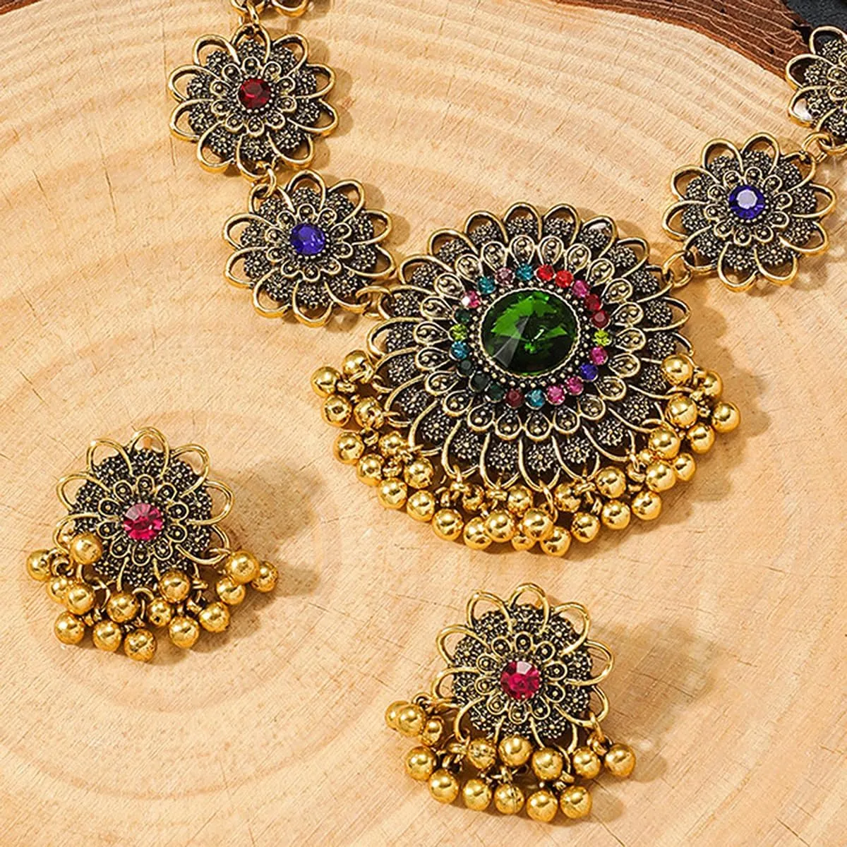 Bethynas Indian Jewelry Set for Women Boho Gold Crystal Flower Choker Necklace Retro Dangle Drop Earrings Traditional Bridal Wedding Belly Dance Accessories Set
