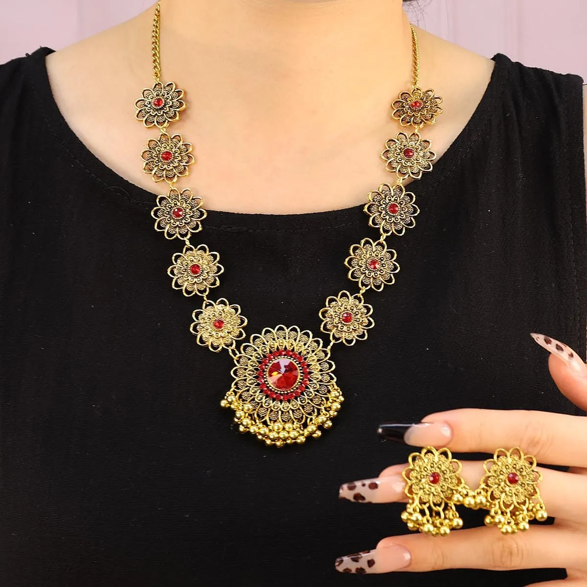 Bethynas Indian Jewelry Set for Women Boho Gold Crystal Flower Choker Necklace Retro Dangle Drop Earrings Traditional Bridal Wedding Belly Dance Accessories Set