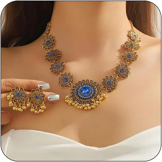 Bethynas Indian Jewelry Set for Women Boho Gold Crystal Flower Choker Necklace Retro Dangle Drop Earrings Traditional Bridal Wedding Belly Dance Accessories Set