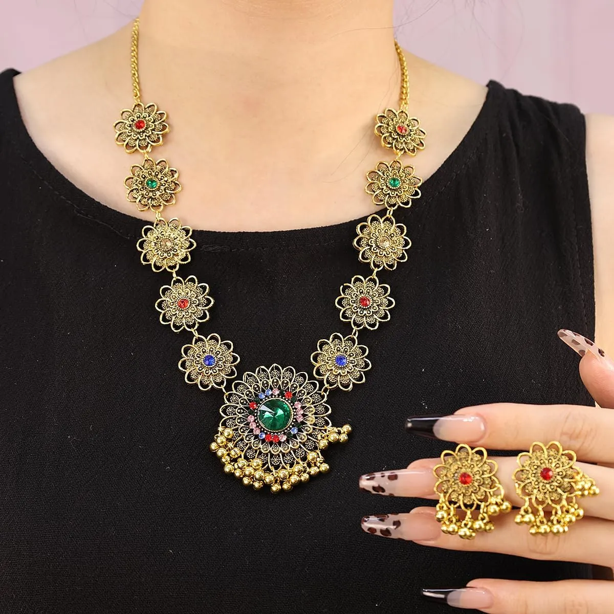 Bethynas Indian Jewelry Set for Women Boho Gold Crystal Flower Choker Necklace Retro Dangle Drop Earrings Traditional Bridal Wedding Belly Dance Accessories Set