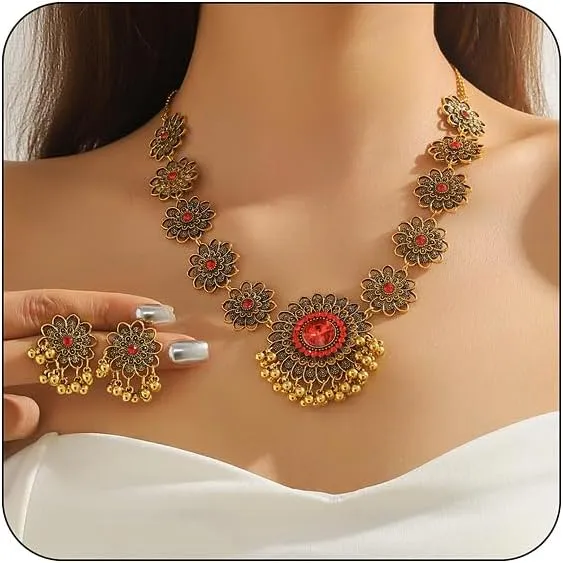 Bethynas Indian Jewelry Set for Women Boho Gold Crystal Flower Choker Necklace Retro Dangle Drop Earrings Traditional Bridal Wedding Belly Dance Accessories Set