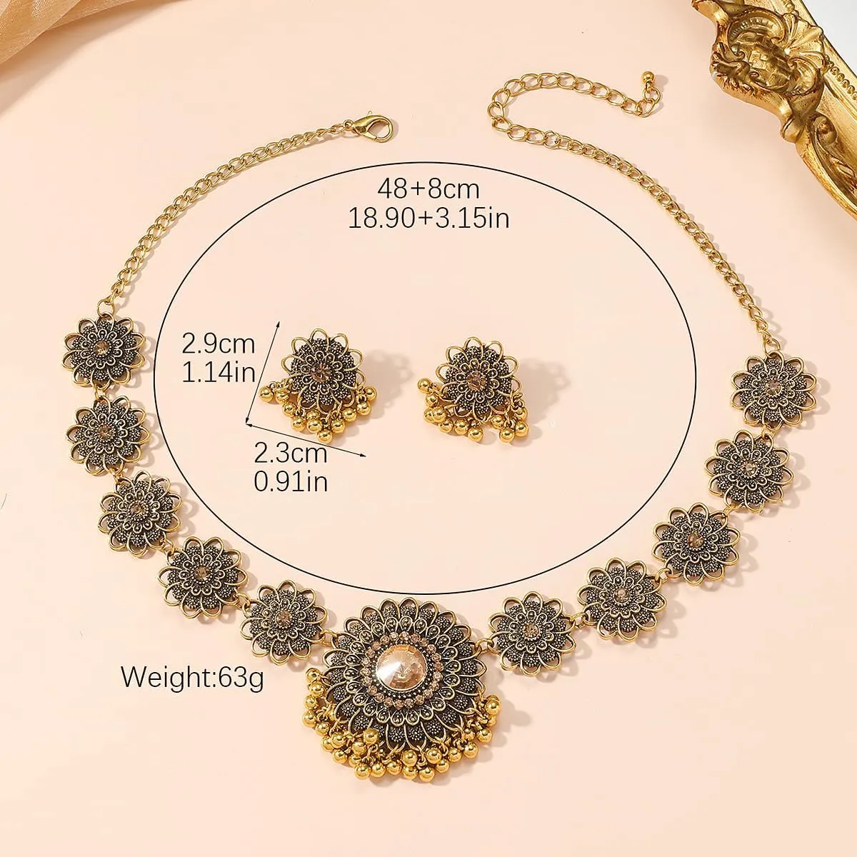 Bethynas Indian Jewelry Set for Women Boho Gold Crystal Flower Choker Necklace Retro Dangle Drop Earrings Traditional Bridal Wedding Belly Dance Accessories Set