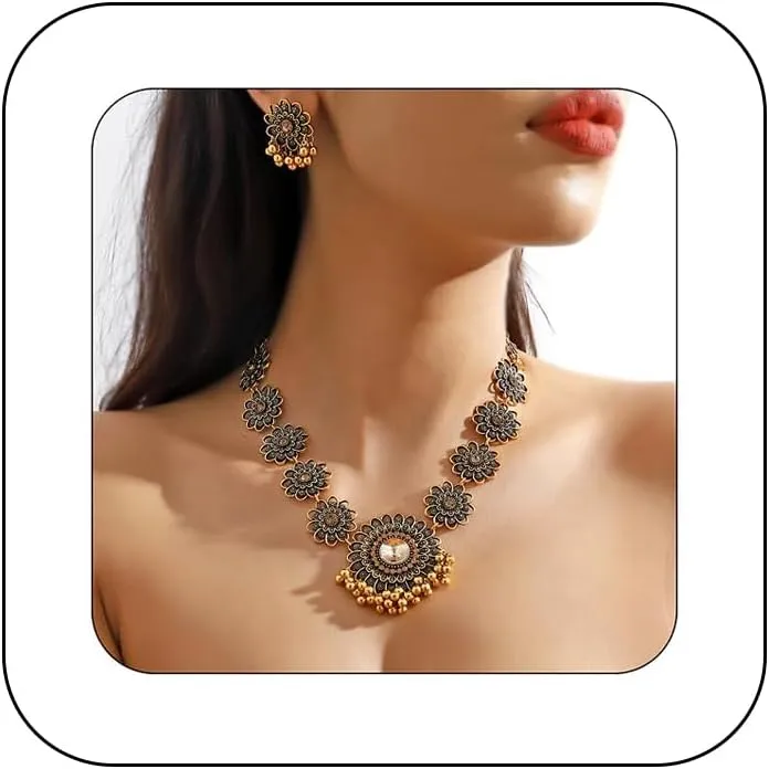 Bethynas Indian Jewelry Set for Women Boho Gold Crystal Flower Choker Necklace Retro Dangle Drop Earrings Traditional Bridal Wedding Belly Dance Accessories Set