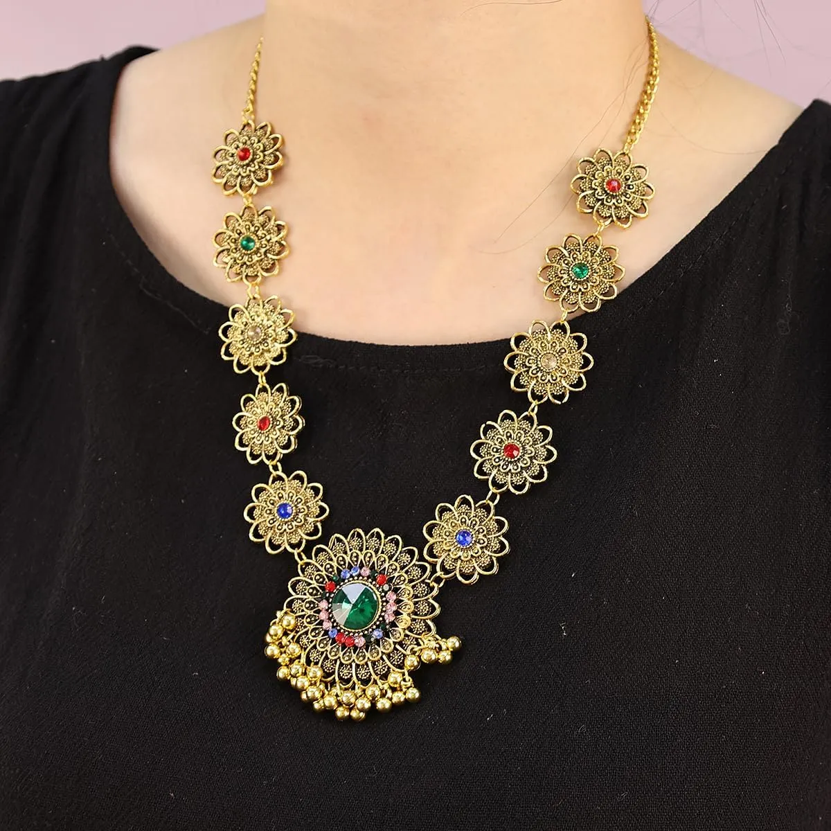 Bethynas Indian Jewelry Set for Women Boho Gold Crystal Flower Choker Necklace Retro Dangle Drop Earrings Traditional Bridal Wedding Belly Dance Accessories Set