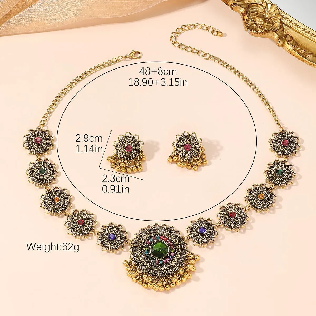 Bethynas Indian Jewelry Set for Women Boho Gold Crystal Flower Choker Necklace Retro Dangle Drop Earrings Traditional Bridal Wedding Belly Dance Accessories Set