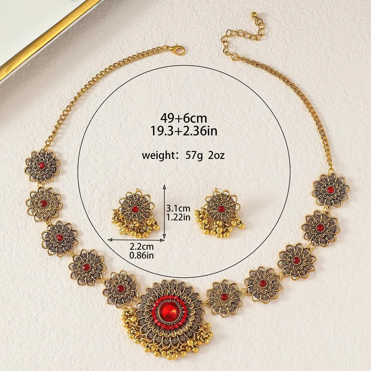 Bethynas Indian Jewelry Set for Women Boho Gold Crystal Flower Choker Necklace Retro Dangle Drop Earrings Traditional Bridal Wedding Belly Dance Accessories Set