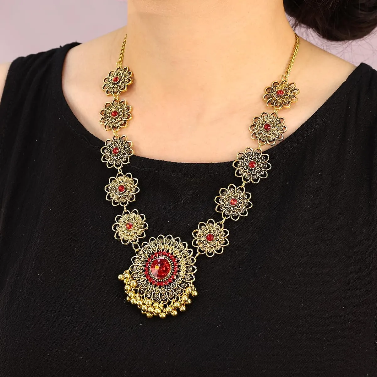 Bethynas Indian Jewelry Set for Women Boho Gold Crystal Flower Choker Necklace Retro Dangle Drop Earrings Traditional Bridal Wedding Belly Dance Accessories Set