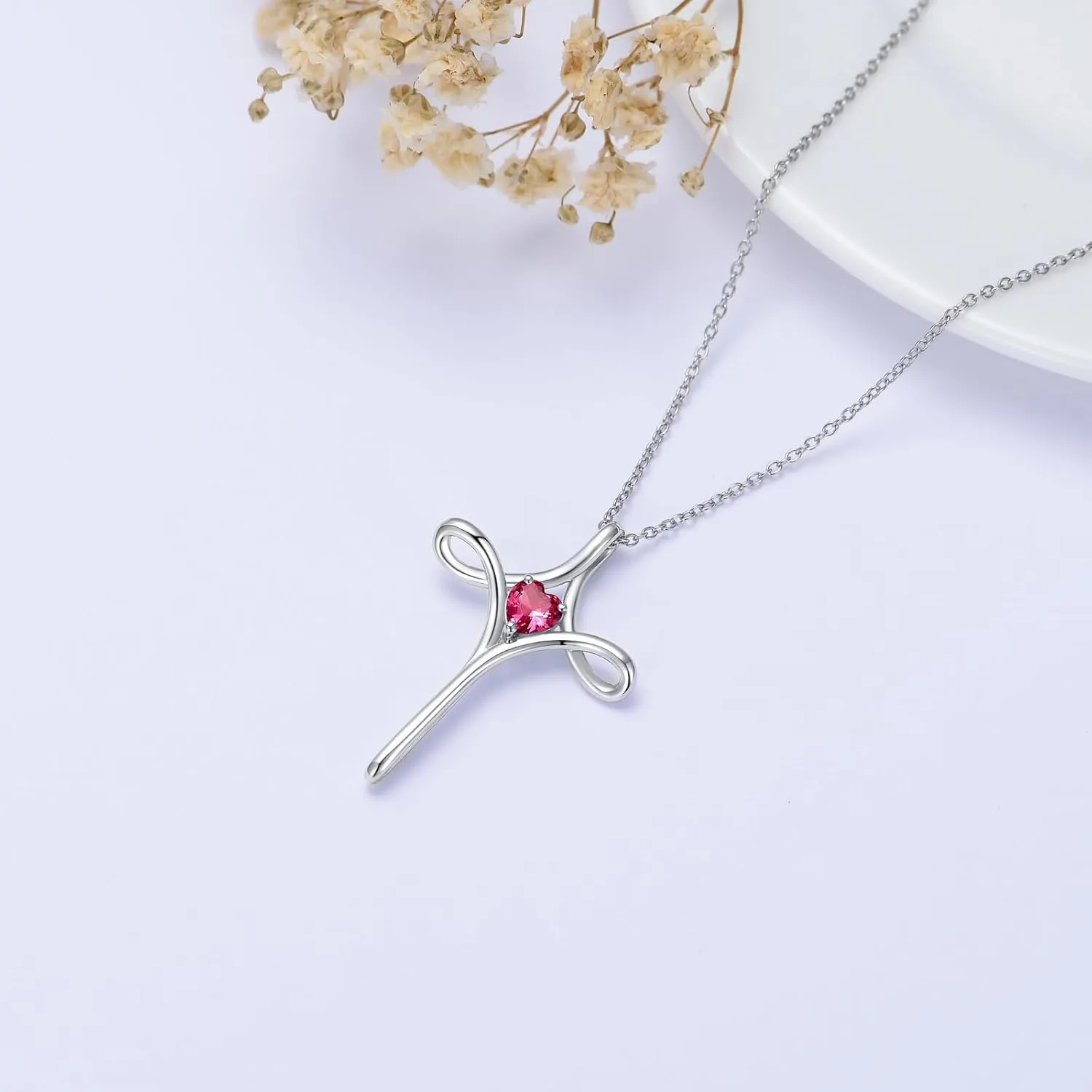 Birthstone Cross Necklaces for Women, 925 Stelring Silver Colored Gemstone Cross Necklaces Christian Jewelry Confirmation Baptism Gift