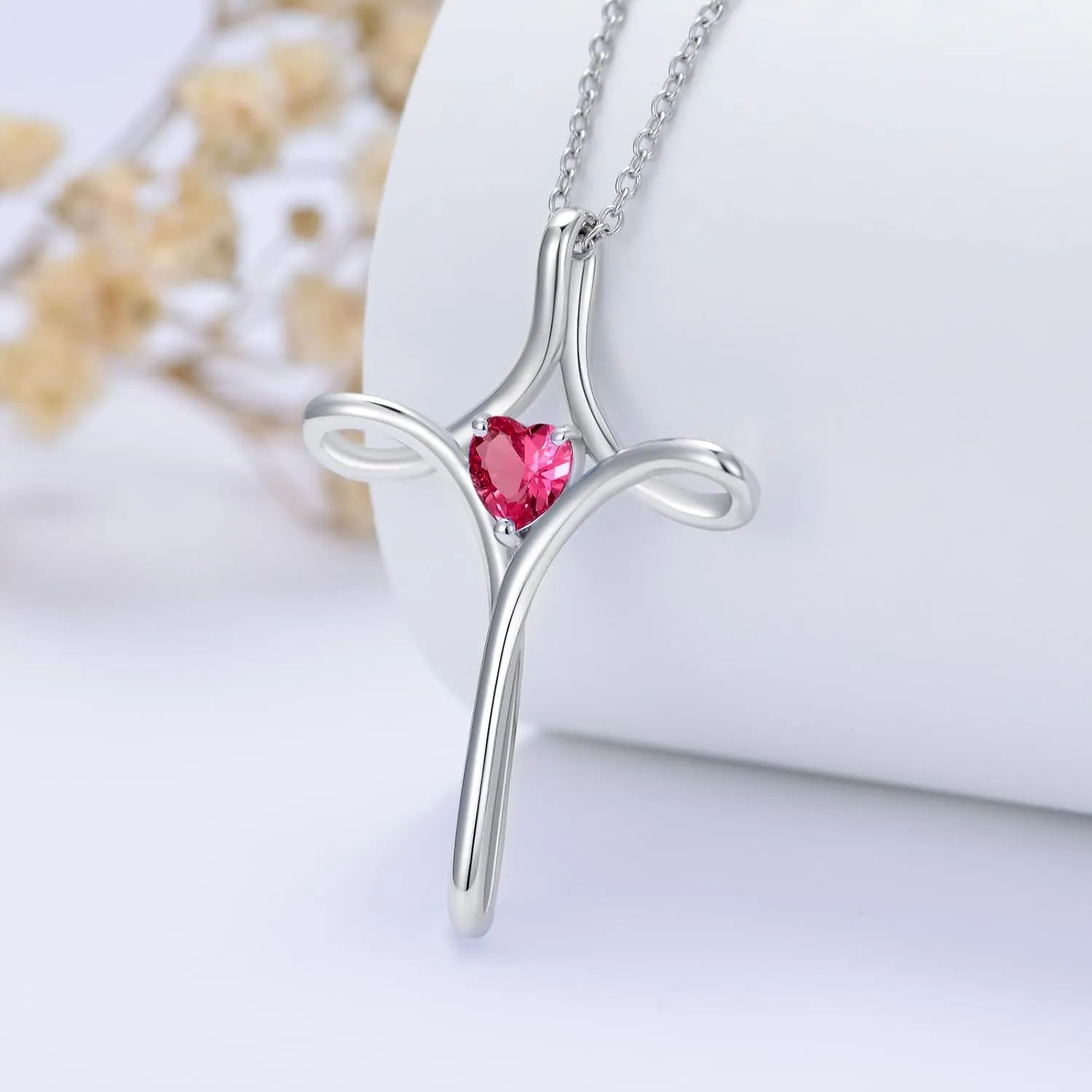 Birthstone Cross Necklaces for Women, 925 Stelring Silver Colored Gemstone Cross Necklaces Christian Jewelry Confirmation Baptism Gift