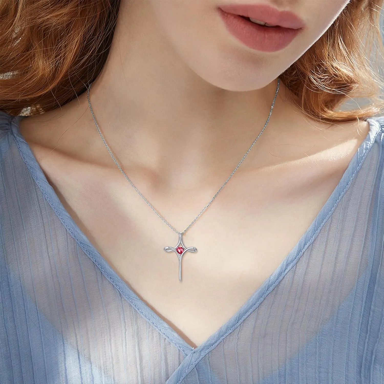 Birthstone Cross Necklaces for Women, 925 Stelring Silver Colored Gemstone Cross Necklaces Christian Jewelry Confirmation Baptism Gift