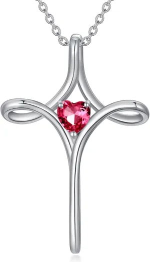 Birthstone Cross Necklaces for Women, 925 Stelring Silver Colored Gemstone Cross Necklaces Christian Jewelry Confirmation Baptism Gift