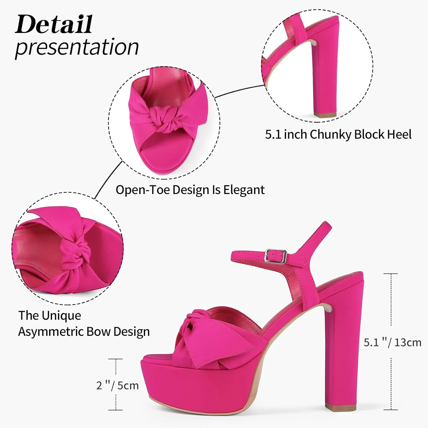 Black Platform Heel Sandals for Women 5.1 Inch Chunky Block High Heel Womens Open Toe with Bow Ankle Strap Wedding Party Dress Sandals