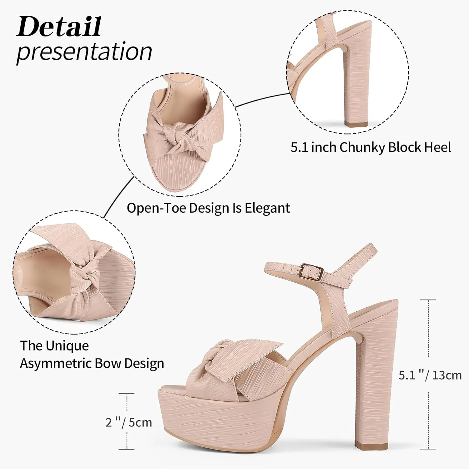 Black Platform Heel Sandals for Women 5.1 Inch Chunky Block High Heel Womens Open Toe with Bow Ankle Strap Wedding Party Dress Sandals