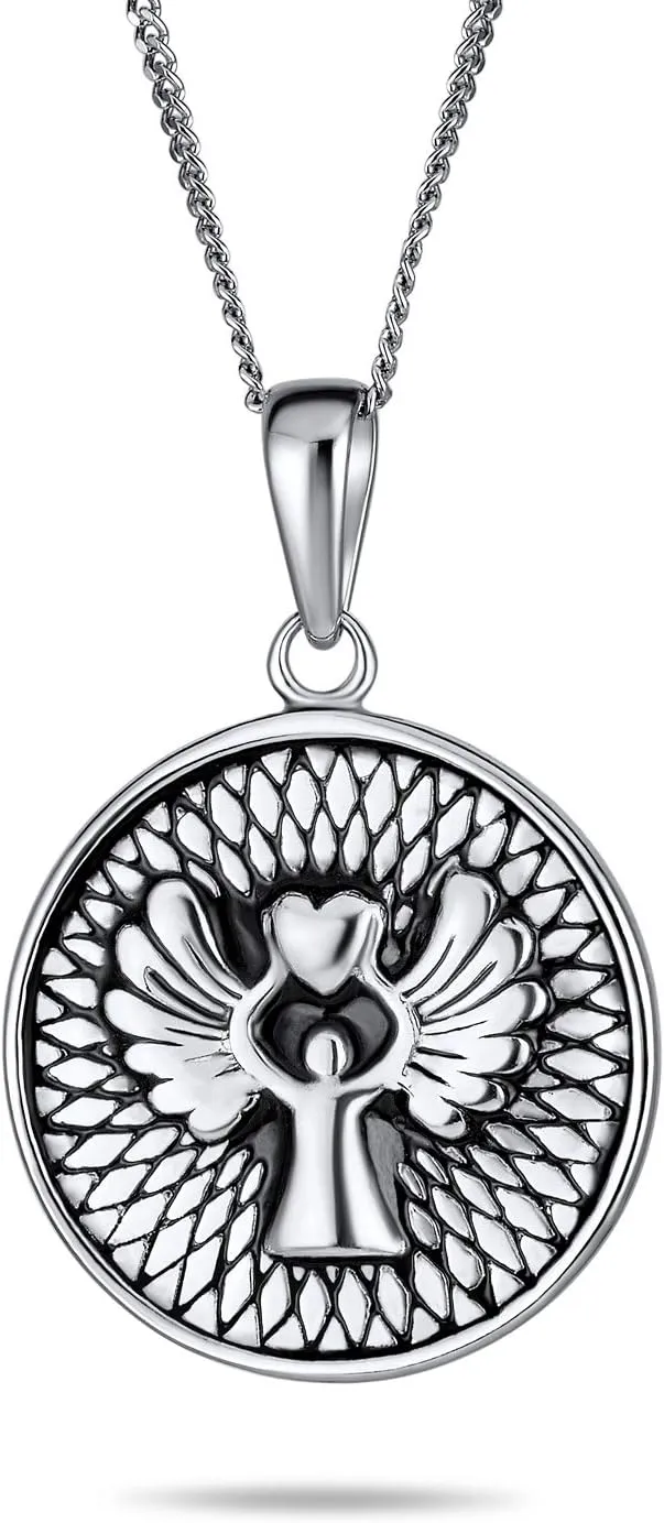 Bling Jewelry Personalize Religious Round Disc Medal Guardian Sistine Angel Cherub Pendant Necklace For Women For Teen .925 Sterling Silver Engrave IT