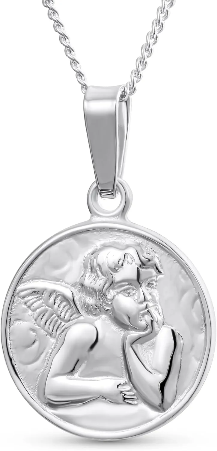 Bling Jewelry Personalize Religious Round Disc Medal Guardian Sistine Angel Cherub Pendant Necklace For Women For Teen .925 Sterling Silver Engrave IT