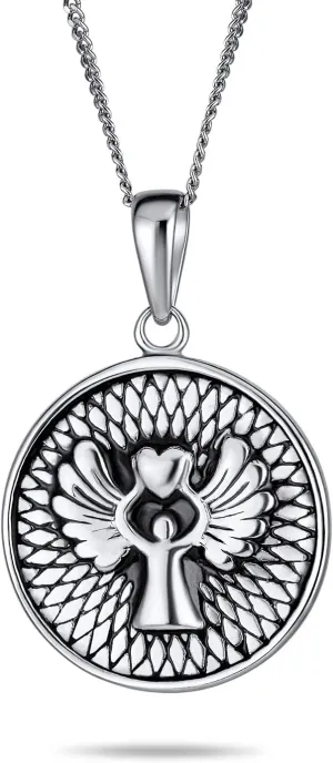 Bling Jewelry Personalize Religious Round Disc Medal Guardian Sistine Angel Cherub Pendant Necklace For Women For Teen .925 Sterling Silver Engrave IT