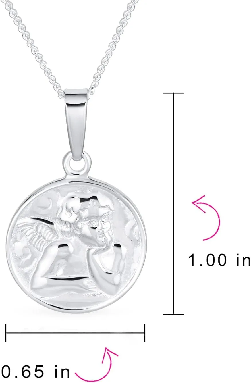 Bling Jewelry Personalize Religious Round Disc Medal Guardian Sistine Angel Cherub Pendant Necklace For Women For Teen .925 Sterling Silver Engrave IT