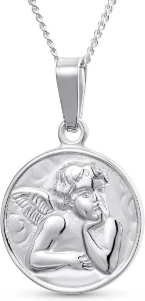 Bling Jewelry Personalize Religious Round Disc Medal Guardian Sistine Angel Cherub Pendant Necklace For Women For Teen .925 Sterling Silver Engrave IT