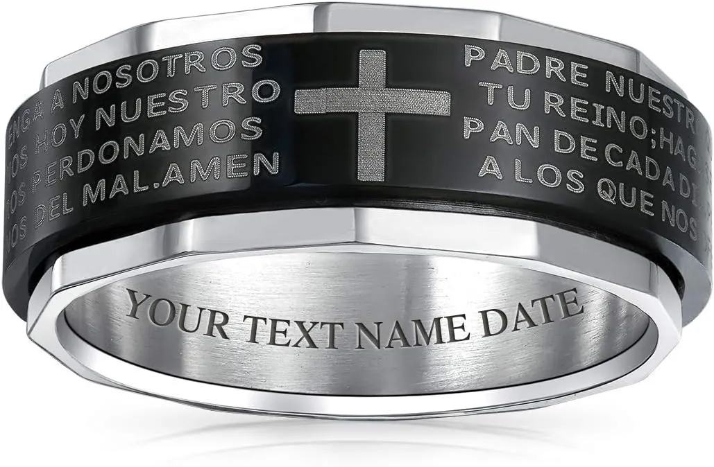 Bling Jewelry Personalized Unisex Religious Padre Nuestro Lords Pray Cross Fidget Spinner Ring Band For Men Women Teens Black Silver Tone Stainless Steel