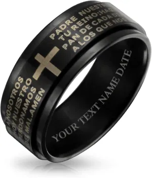 Bling Jewelry Personalized Unisex Religious Padre Nuestro Lords Pray Cross Fidget Spinner Ring Band For Men Women Teens Black Silver Tone Stainless Steel