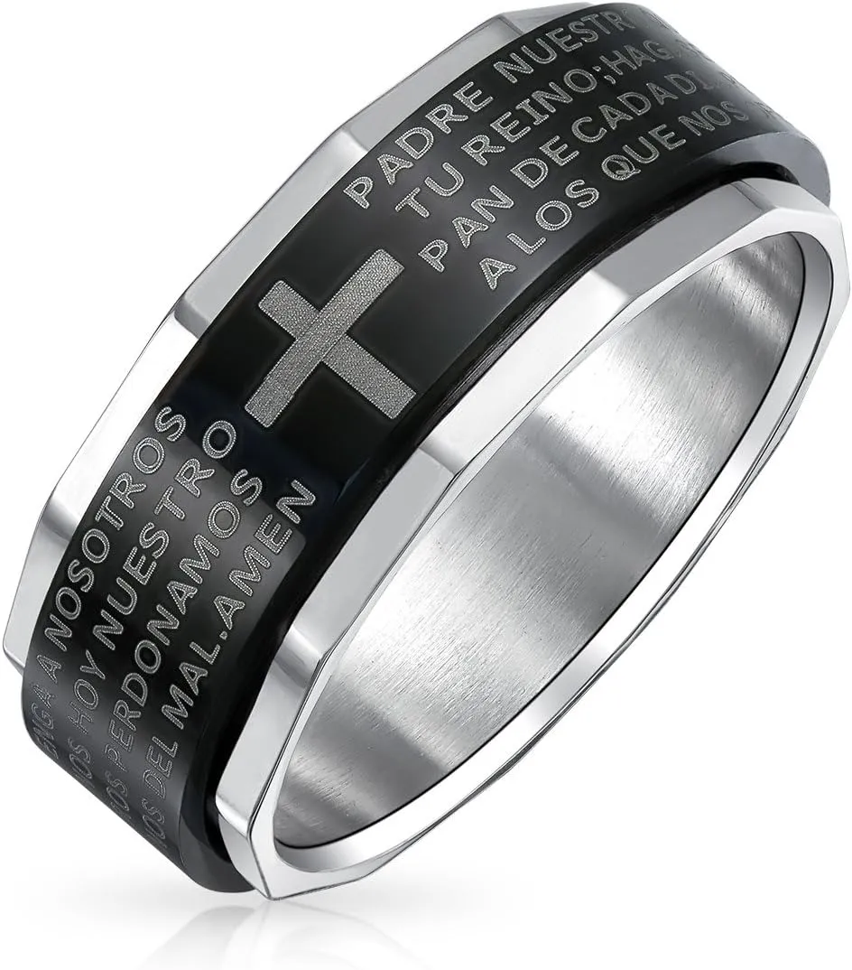 Bling Jewelry Personalized Unisex Religious Padre Nuestro Lords Pray Cross Fidget Spinner Ring Band For Men Women Teens Black Silver Tone Stainless Steel