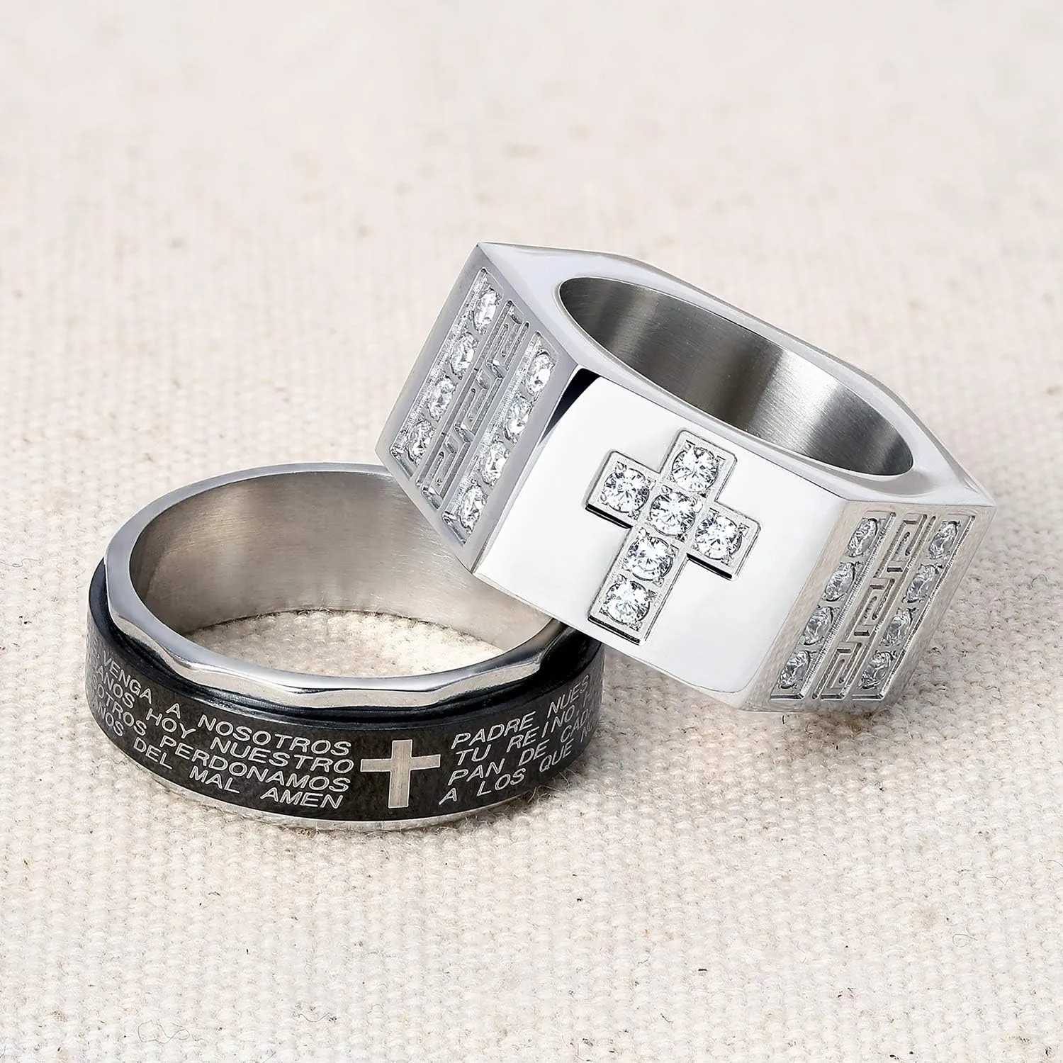 Bling Jewelry Personalized Unisex Religious Padre Nuestro Lords Pray Cross Fidget Spinner Ring Band For Men Women Teens Black Silver Tone Stainless Steel