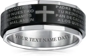 Bling Jewelry Personalized Unisex Religious Padre Nuestro Lords Pray Cross Fidget Spinner Ring Band For Men Women Teens Black Silver Tone Stainless Steel
