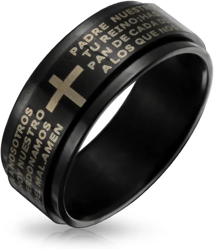 Bling Jewelry Personalized Unisex Religious Padre Nuestro Lords Pray Cross Fidget Spinner Ring Band For Men Women Teens Black Silver Tone Stainless Steel