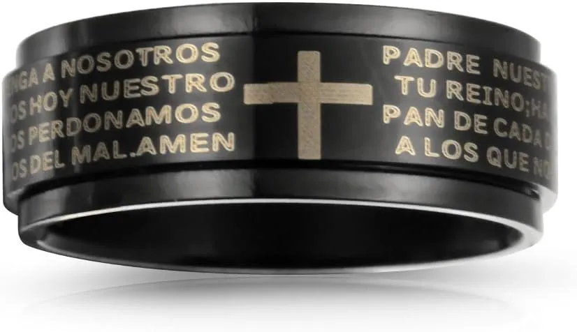 Bling Jewelry Personalized Unisex Religious Padre Nuestro Lords Pray Cross Fidget Spinner Ring Band For Men Women Teens Black Silver Tone Stainless Steel