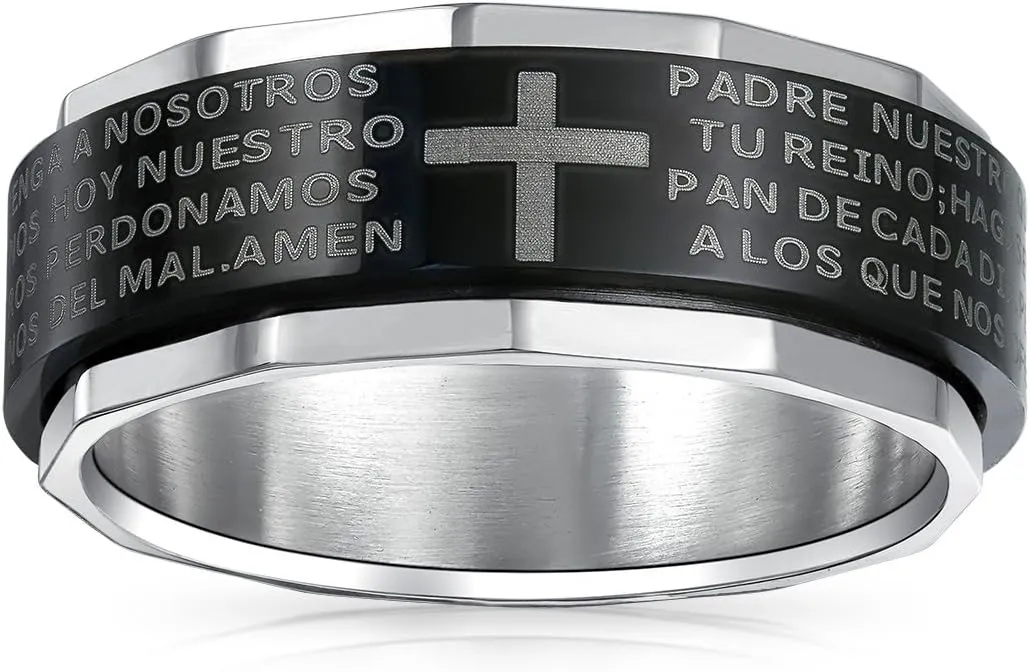Bling Jewelry Personalized Unisex Religious Padre Nuestro Lords Pray Cross Fidget Spinner Ring Band For Men Women Teens Black Silver Tone Stainless Steel