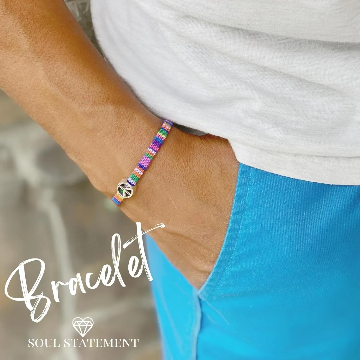 Boho Colorful Woven Cloth Surfer Bracelets with Peace Sign Charm - Adjustable Sizing, Converts into Anklet or Bracelet, Stackable - Dainty Beaded Bracelets and Anklets for Women Waterproof - Trendy Summer Jewelry
