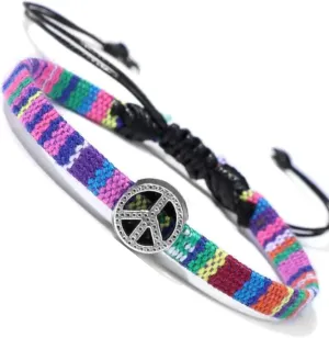 Boho Colorful Woven Cloth Surfer Bracelets with Peace Sign Charm - Adjustable Sizing, Converts into Anklet or Bracelet, Stackable - Dainty Beaded Bracelets and Anklets for Women Waterproof - Trendy Summer Jewelry