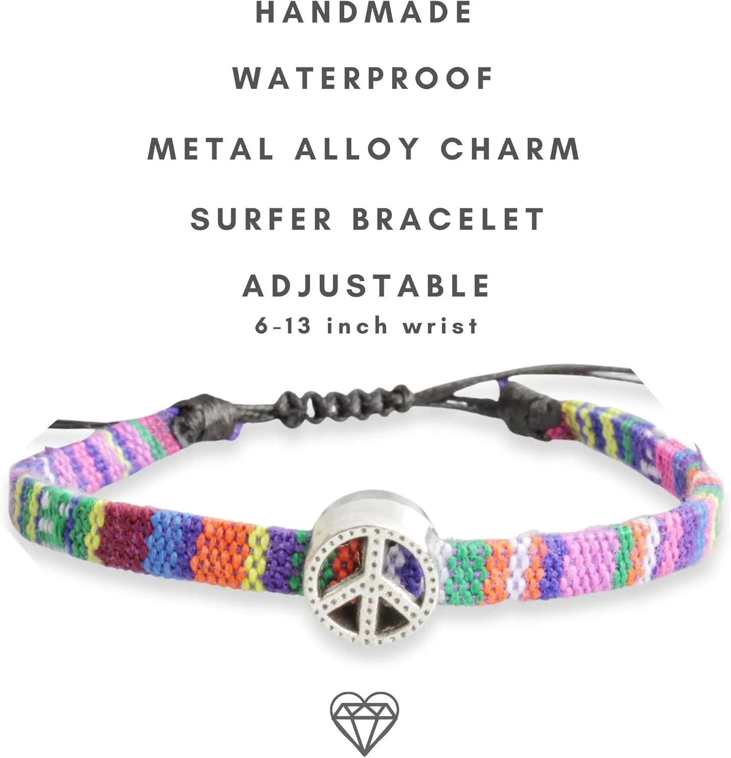 Boho Colorful Woven Cloth Surfer Bracelets with Peace Sign Charm - Adjustable Sizing, Converts into Anklet or Bracelet, Stackable - Dainty Beaded Bracelets and Anklets for Women Waterproof - Trendy Summer Jewelry