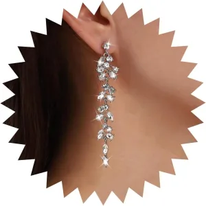 Boho Crystal Drop Earrings Crystal Chandelier Dangle Earrings Bridal Wedding Dangle Earrings Silver Crystal Rhinestone Earrings Long Cz Rhinestone Tassel Earrings