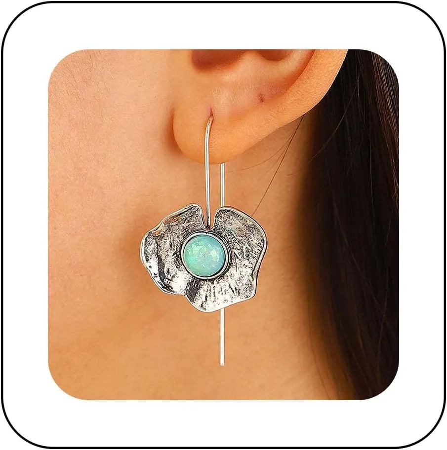 Boho Gemstone Flower Dangle Earrings Flower Threaded Earrings Silver Floral Drop Earrings Floral Stone Earrings Metal Flower Earrings Jewelry for Women