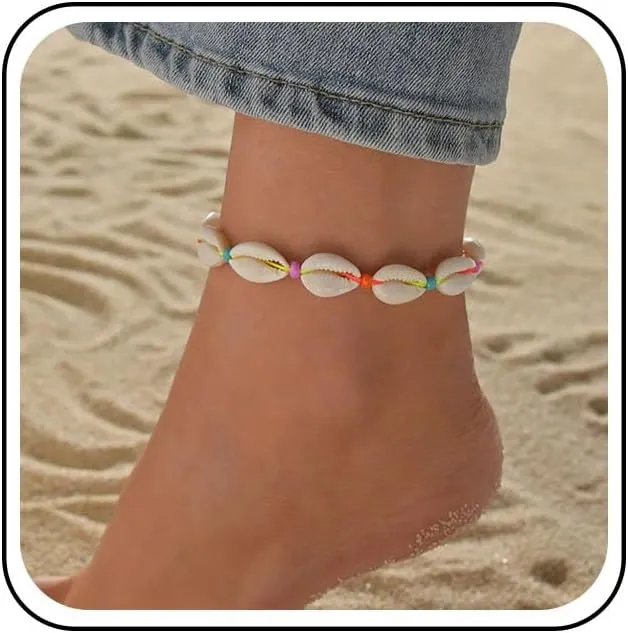 Boho Shell Anklet Bracelets Colorful Beaded Chain Anklet Seashell Foot Anklet Ocean Cowrie Shell Anklet Rope Shell Foot Chain Anklet Summer Feet Chain Foot Jewelry for Women