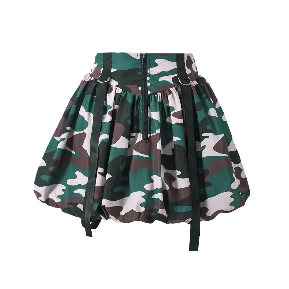 Bold Camouflage Print Miniskirt  Zipper Stretch Waist with Rings Patchwork