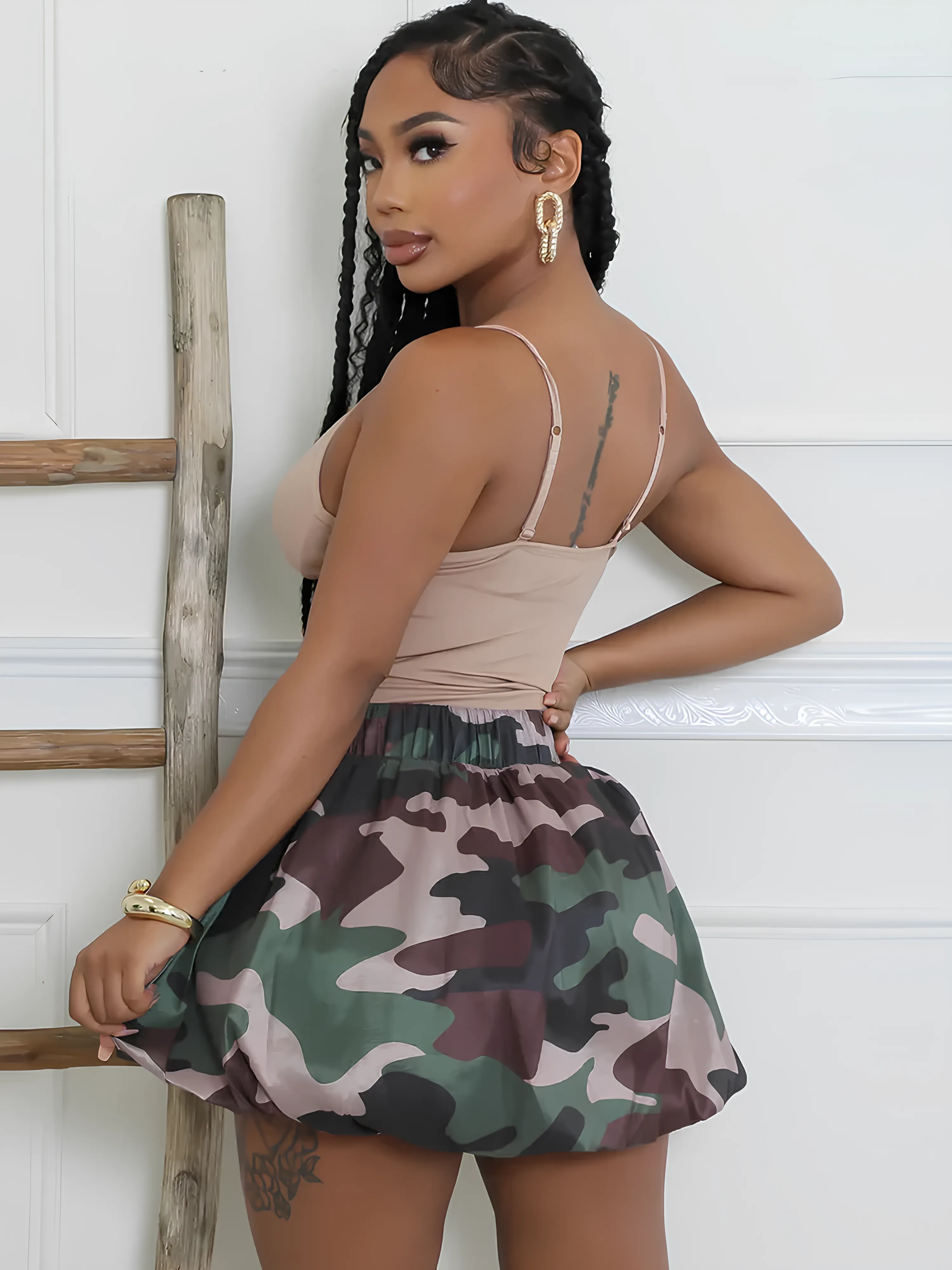 Bold Camouflage Print Miniskirt  Zipper Stretch Waist with Rings Patchwork